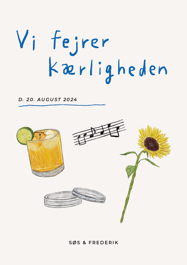 
                Skøn invitation med håndtegnede illustrationer - perfekt til jeres sommerbryllup fyldt med god musik, kolde drinks og flotte blomster. Brug bagsiden af invitationen til flere praktiske oplysninger eller et program over bryllupsfesten. Til designet kommer også matchende elementer i form af velkomstskilt, salmehæfte, bordoversigt, menukort, bordkort, drinkskort, takkekort mm. således I kan skabe en rød tråd for dagen.                